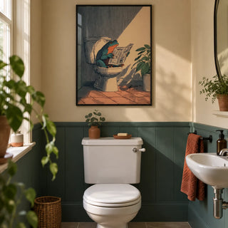 Frog Bathroom Art, framed on the wall of a compact downstairs cloakroom in a Victorian terrace with warm beige walls and plain teal-green lower panelling