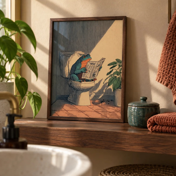 Frog Bathroom Art, a small A4 framed print leaning on a walnut bathroom shelf