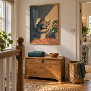 Frog Bathroom Art, framed on the wall of a small upstairs landing outside the bathroom in a characterful UK home with warm white walls and an oak floor
