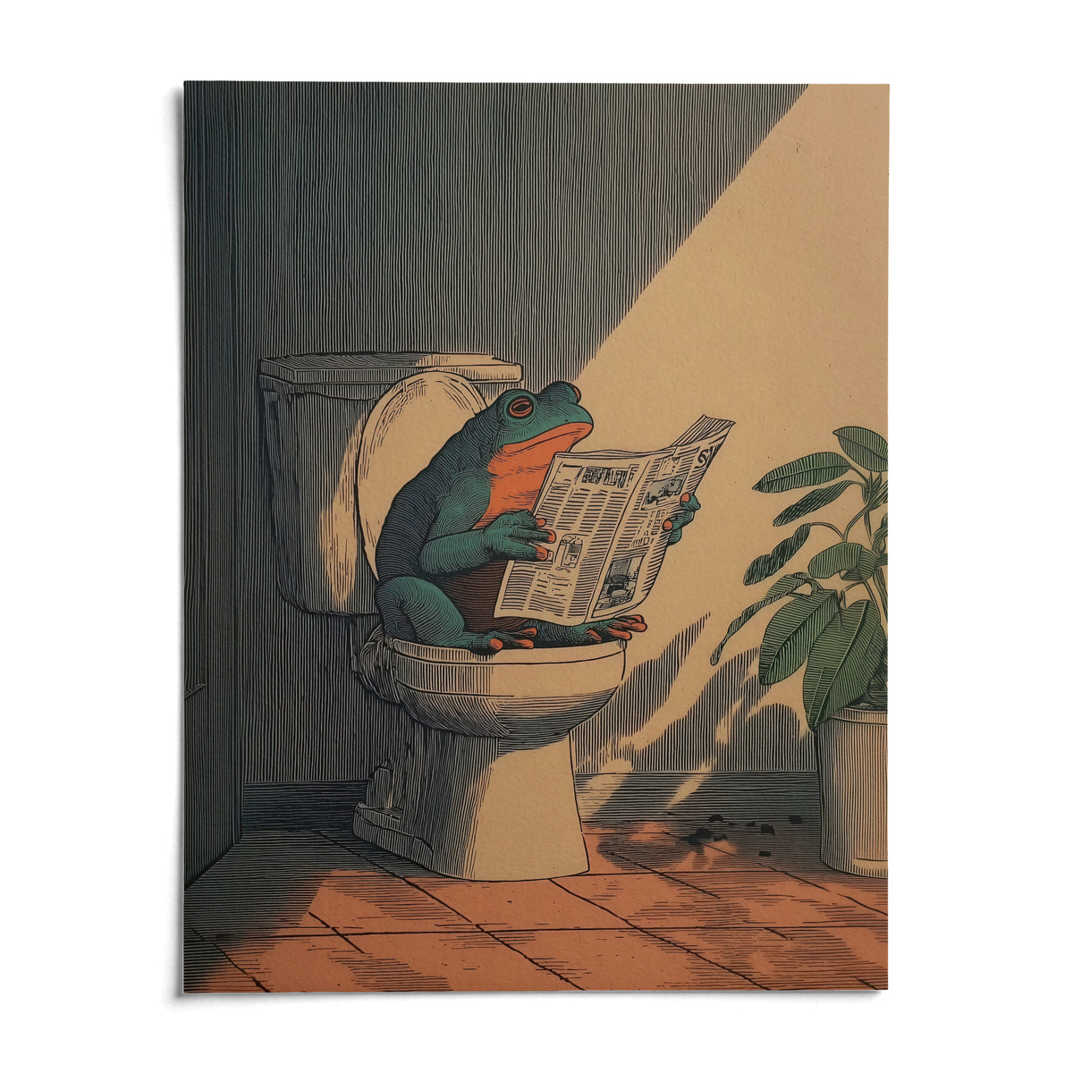 Frog Bathroom Art, shown as an unframed paper print on a plain white background
