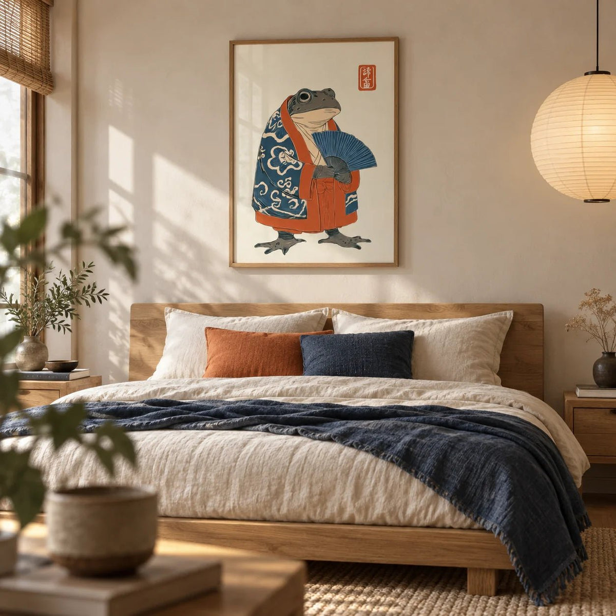 Frog In Kimono Print, framed on the wall of a calm Japandi bedroom