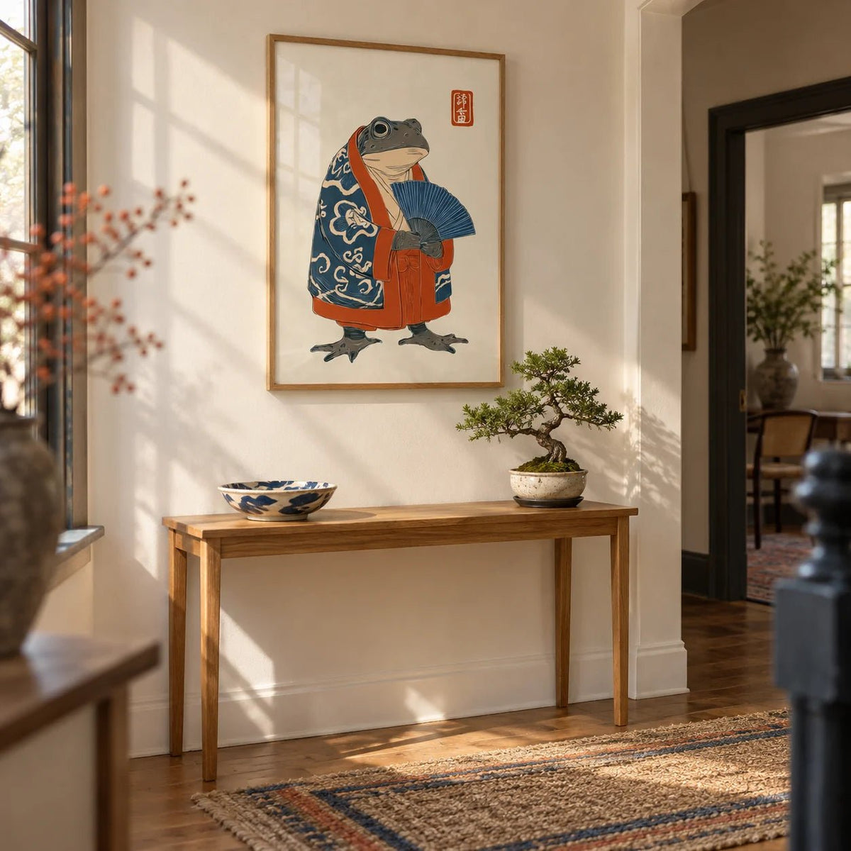 Frog In Kimono Print, framed on the wall of a characterful hallway