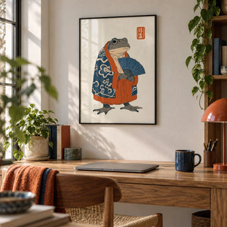 Frog In Kimono Print, framed on the wall of a creative home office