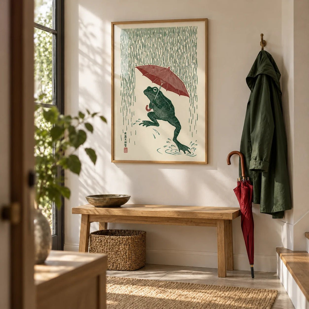 Frog In Rain Art Print, framed on the wall of a bright hallway