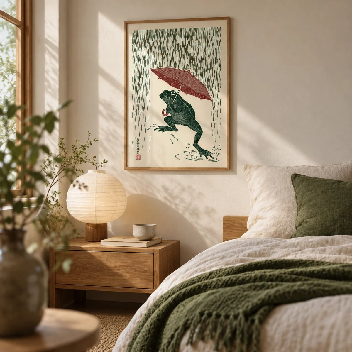 Frog In Rain Art Print, framed on the wall of a calm Japandi bedroom