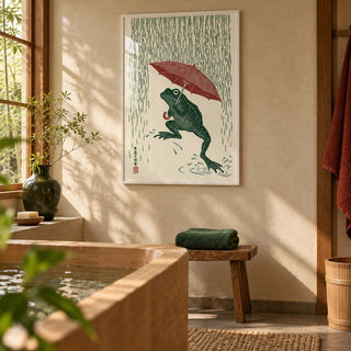 Frog In Rain Art Print, framed on the wall of a calm Japanese-style bathroom