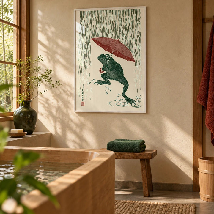 Frog In Rain Art Print, framed on the wall of a calm Japanese-style bathroom