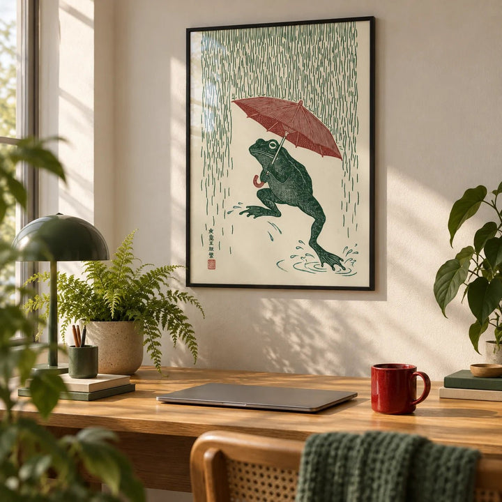 Frog In Rain Art Print, framed on the wall of a creative home office