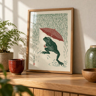 Frog In Rain Art Print, a small A4 framed print leaning on an oak shelf in a living room