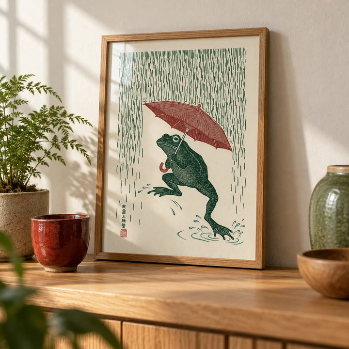 Frog In Rain Art Print, a small A4 framed print leaning on an oak shelf in a living room