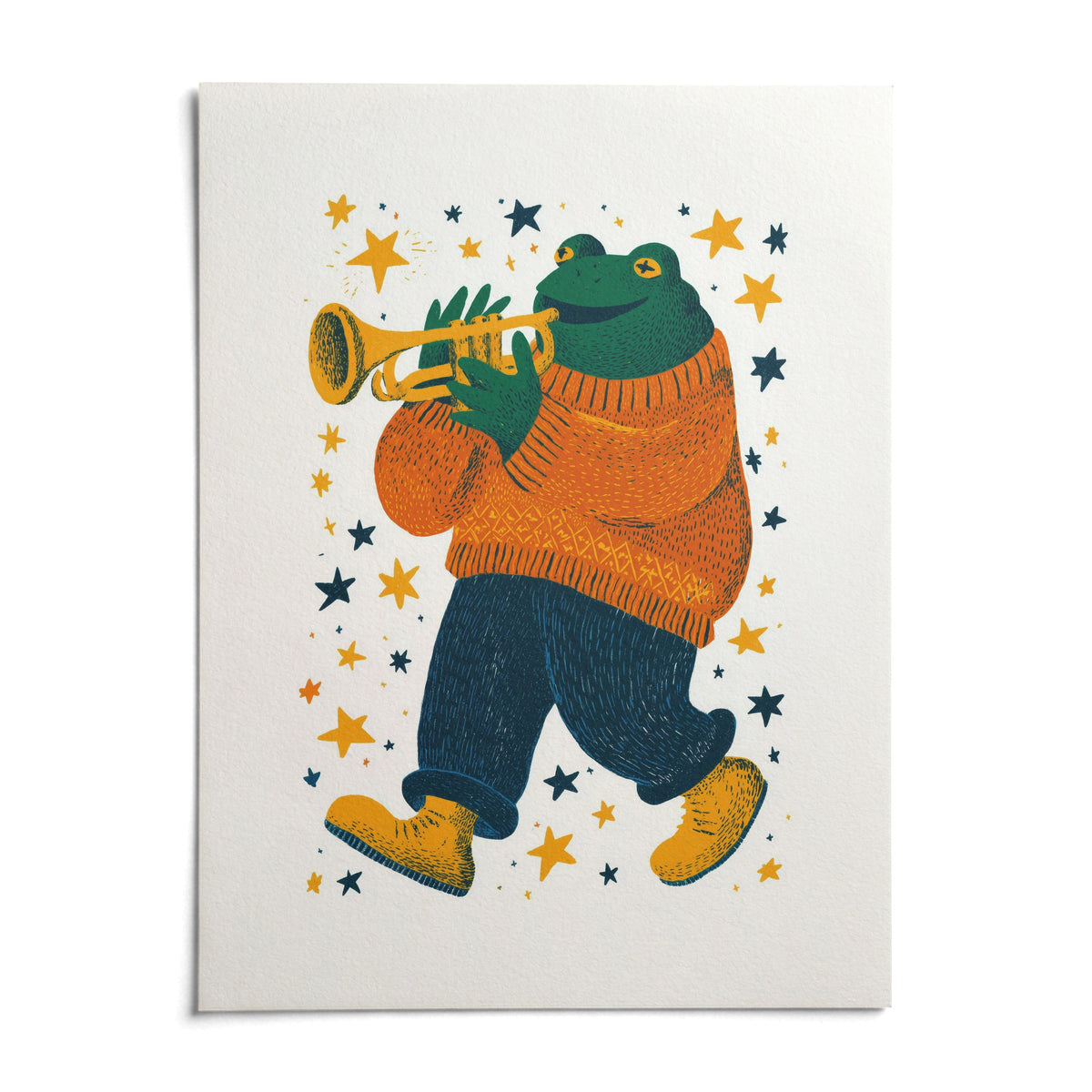 Frog Playing Trumpet Art, shown as an unframed paper print on a plain white background