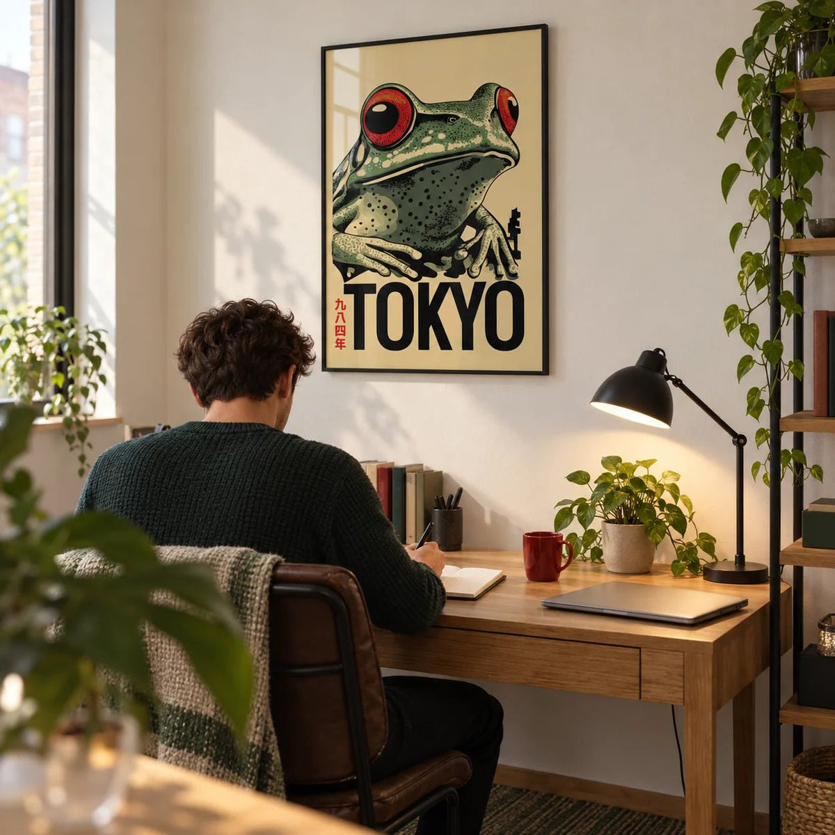 Frog Poster, framed on the wall of a crisp home office in a young adult's flat (22-30) with a warm white wall