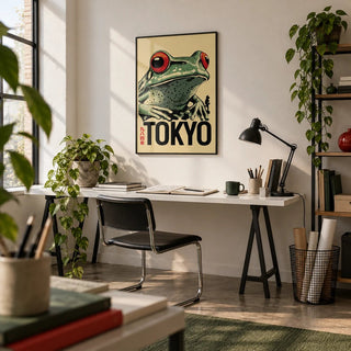 Frog Poster, framed on the wall of a design studio with white walls and a polished concrete floor in a home office