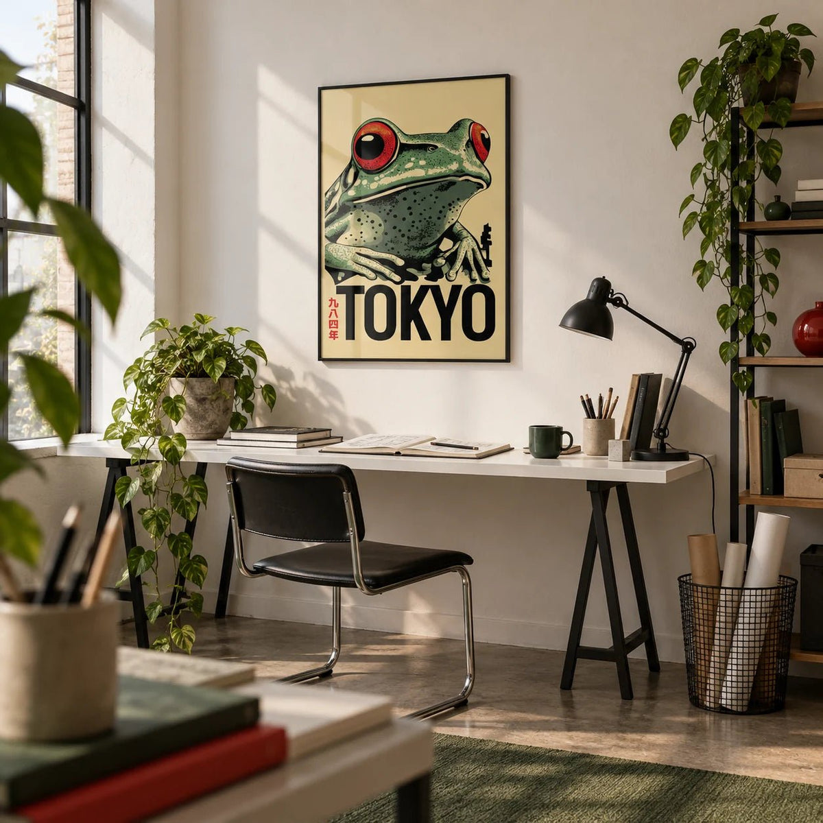 Frog Poster, framed on the wall of a design studio with white walls and a polished concrete floor in a home office