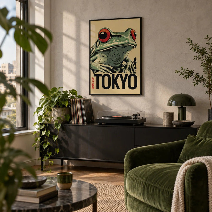 Frog Poster, framed on the wall of a modern city-flat living room with a pale concrete wall