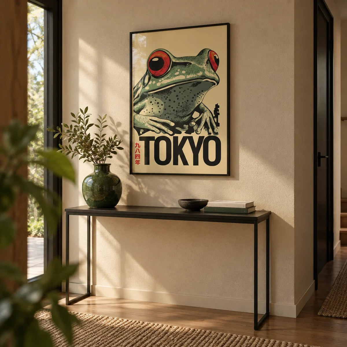 Frog Poster, framed on the wall of a modern hallway with a sand painted wall