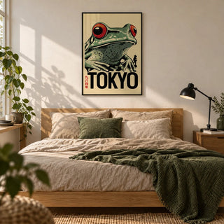 Frog Poster, framed on the wall of a tidy young adult bedroom (20-28) with a warm white wall