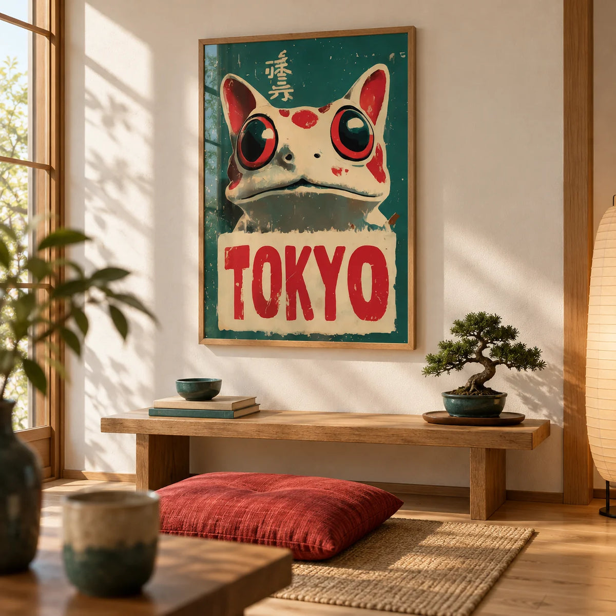 Frog Prints, framed on the wall of a Japanese-modern living corner with a warm white wall and an oak floor in a living room