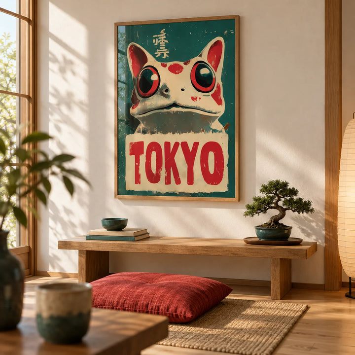 Frog Prints, framed on the wall of a Japanese-modern living corner with a warm white wall and an oak floor in a living room