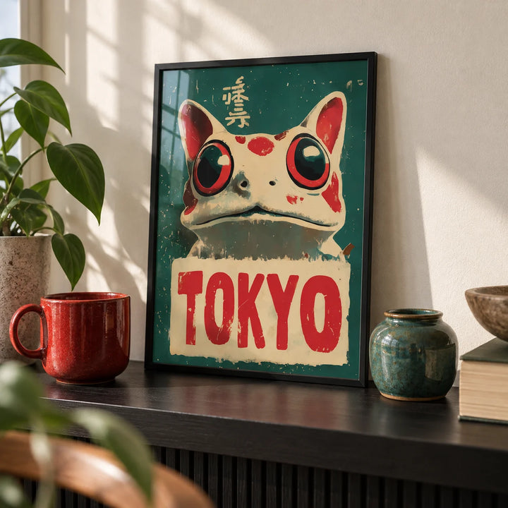 Frog Prints, a small A4 framed print leaning on a black shelf in a living room
