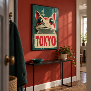 Frog Prints, framed on the wall of a small flat hallway with a red painted wall