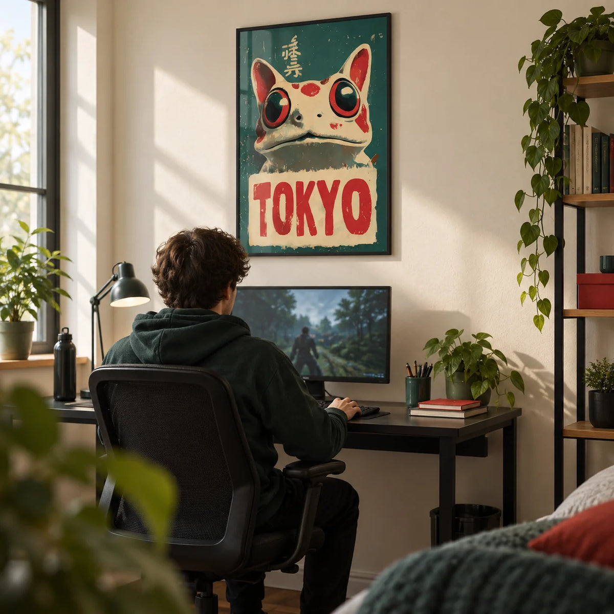 Frog Prints, framed on the wall of a tidy gaming and study corner with a cream wall