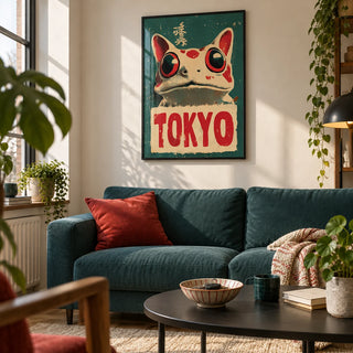 Frog Prints, framed on the wall of a young city flat living room with a warm white wall