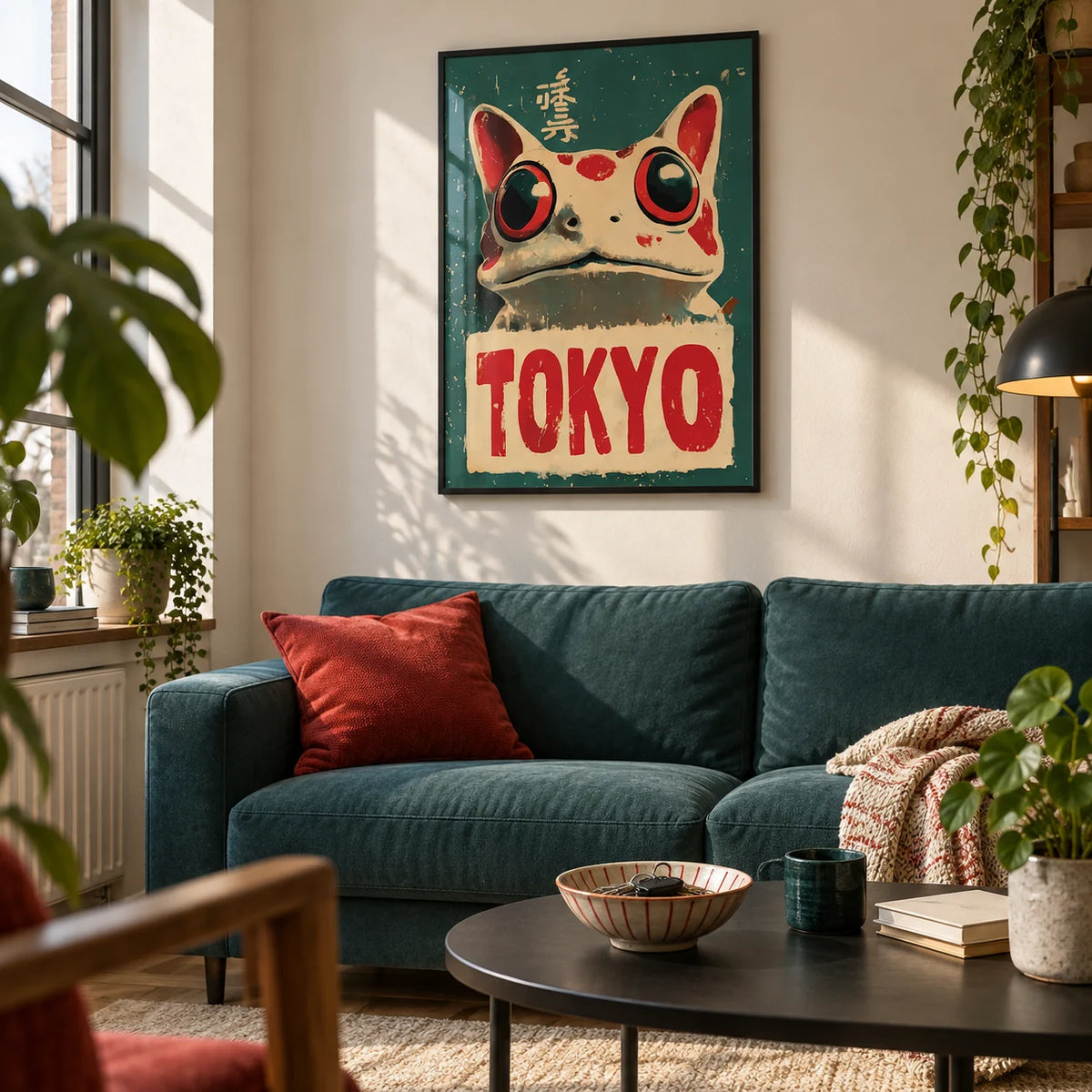 Frog Prints, framed on the wall of a young city flat living room with a warm white wall