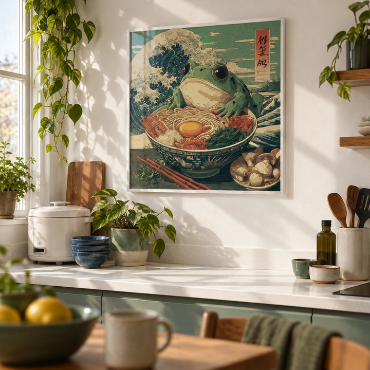 Frog Ramen Art, framed on the wall of a bright shared flat kitchen for young adults (20-28) with a white wall