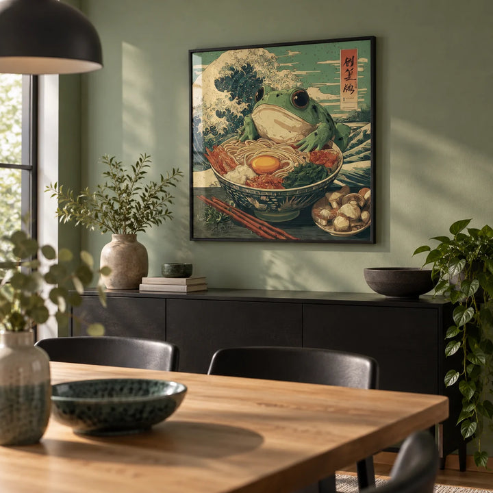 Frog Ramen Art, framed on the wall of a modern dining room with a sage green wall