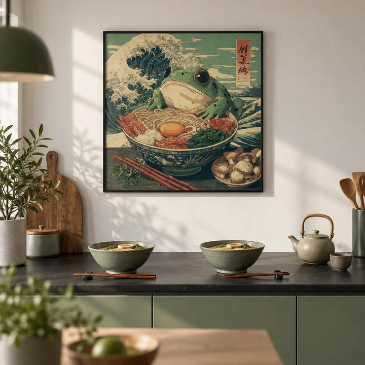Frog Ramen Art, framed on the wall of a modern kitchen with plain sage green cabinets and a white wall