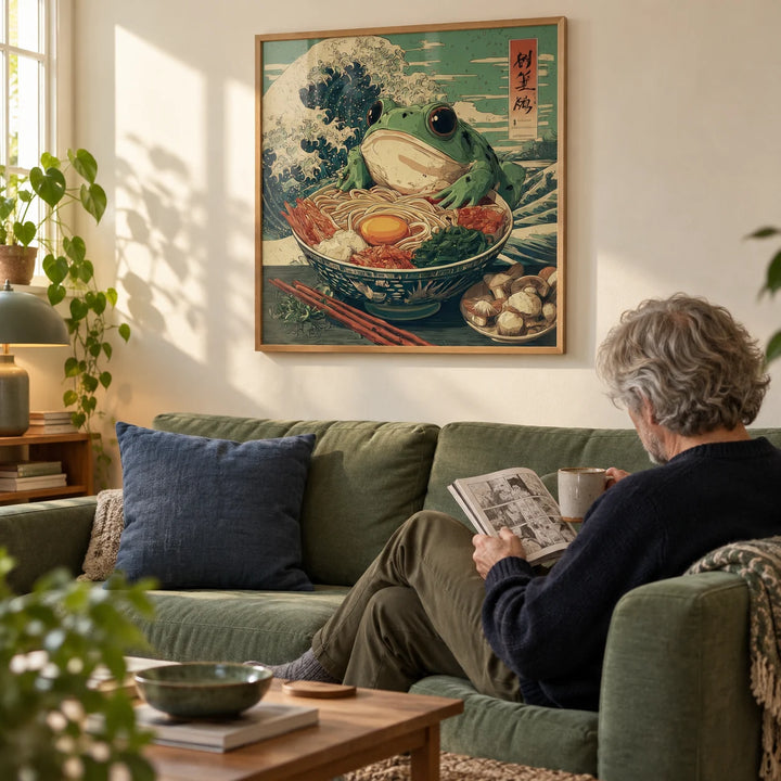 Frog Ramen Art, framed on the wall of a relaxed living room in a first flat (22-30) with a warm white wall