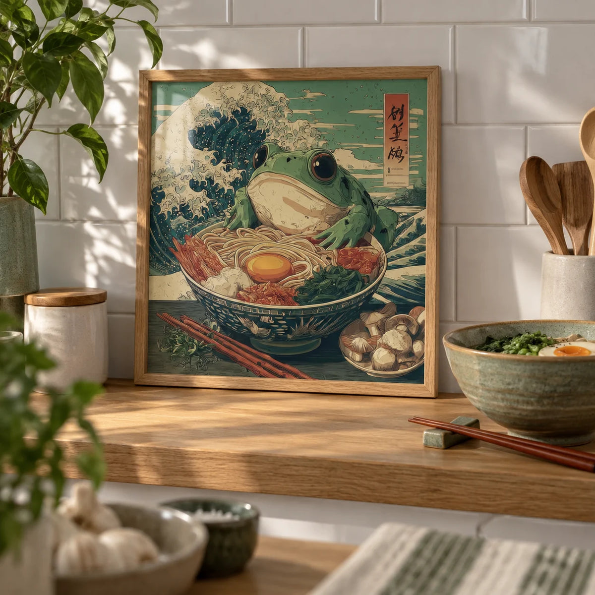 Frog Ramen Art, a small A4 framed print leaning on an oak kitchen shelf