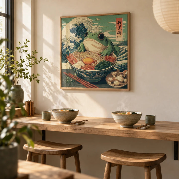 Frog Ramen Art, framed on the wall of a small dining nook styled like a noodle bar with a plain cream wall