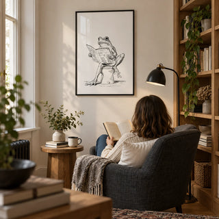 Reading Frog Art Print, framed on the wall of a book-filled reading alcove in a Victorian terrace with a warm white wall and oak shelving in a living room
