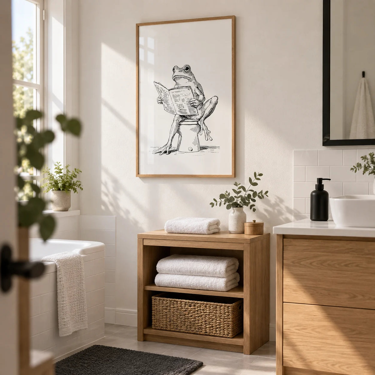 Reading Frog Art Print, framed on the wall of a bright family bathroom with white plaster walls