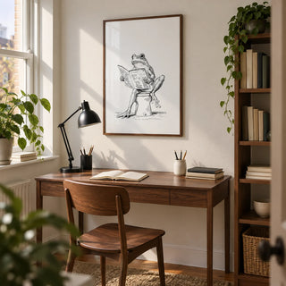 Reading Frog Art Print, framed on the wall of a small home study in a UK first flat for a book lover aged 25-35