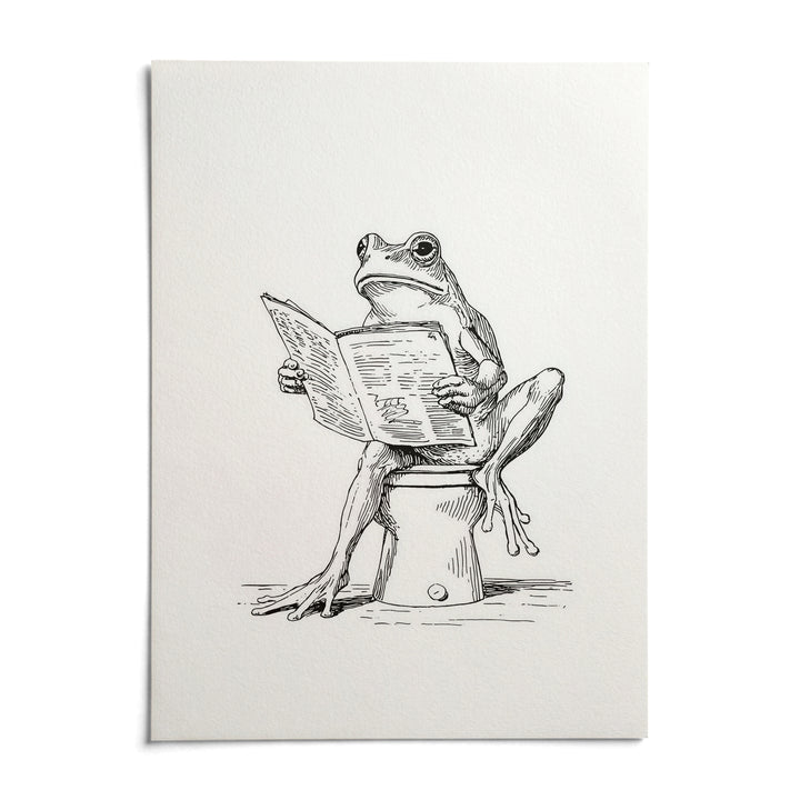 Reading Frog Art Print, shown as an unframed paper print on a plain white background