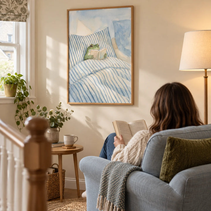 Frog Reading In Bed Print, framed on the wall of a cosy landing reading corner in a UK family home with a warm cream wall in a living room