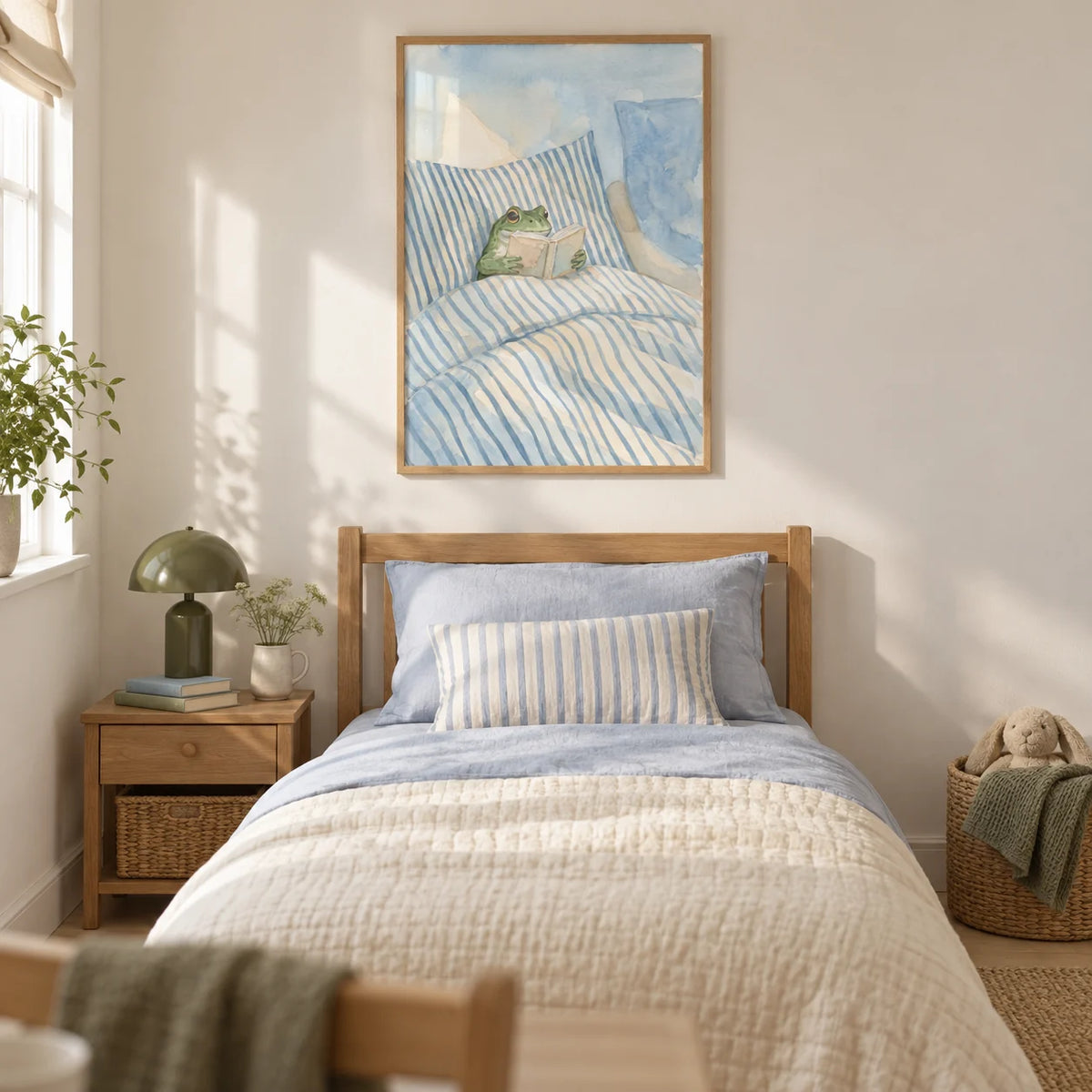 Frog Reading In Bed Print, framed on the wall of a gentle storybook single bedroom in a UK family home with a warm white wall and pale oak floor