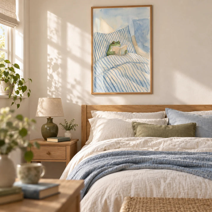 Frog Reading In Bed Print, framed on the wall of a peaceful bedroom for a book-loving couple (25-40) in a UK first home with a warm white wall
