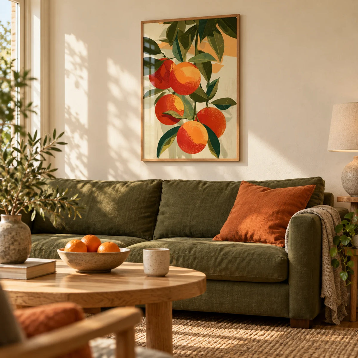 Fruit Art Print, framed on the wall of a calm living room with a warm cream wall