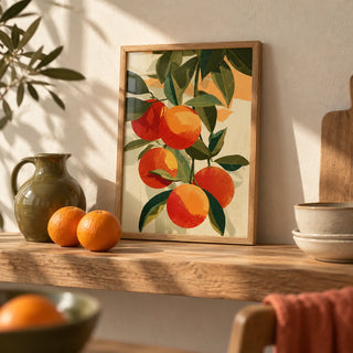 Fruit Art Print, a small A4 framed print leaning on an oak kitchen shelf