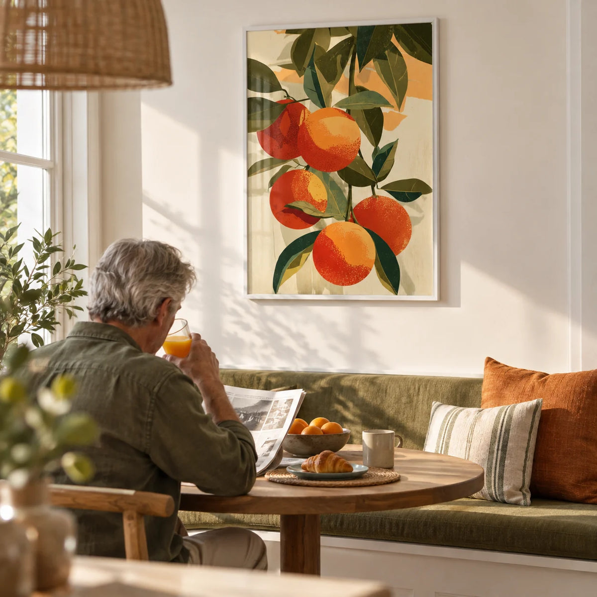 Fruit Art Print, framed on the wall of a sunny breakfast nook with a white wall in a kitchen