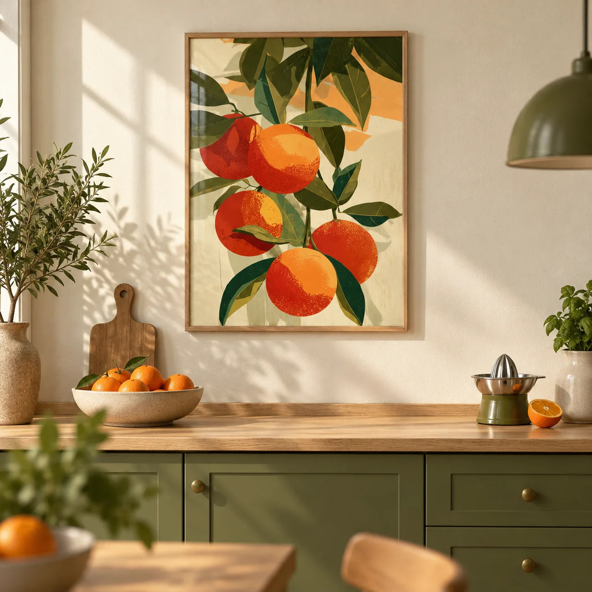 Fruit Art Print, framed on the wall of a sunny modern kitchen with a cream wall and solid olive green cabinets