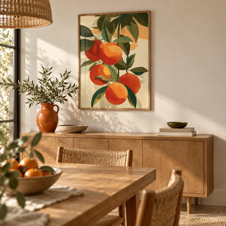 Fruit Art Print, framed on the wall of a warm dining room with a soft white wall