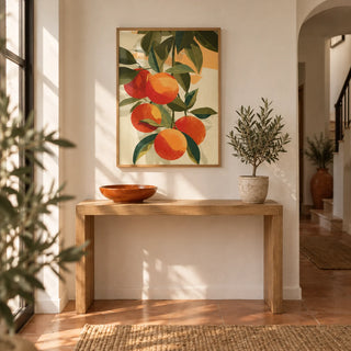 Fruit Art Print, framed on the wall of a warm hallway with a white wall and a plain terracotta floor