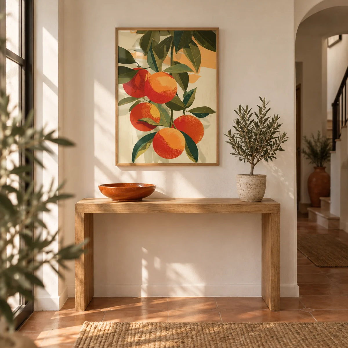Fruit Art Print, framed on the wall of a warm hallway with a white wall and a plain terracotta floor