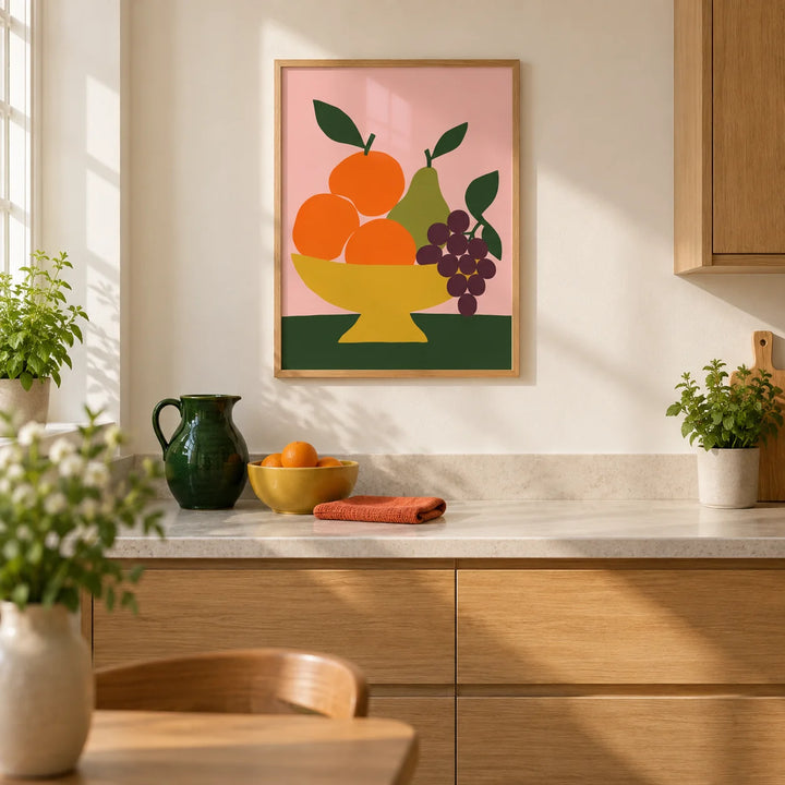 Fruit Bowl Print, framed on the wall of a bright modern kitchen in a UK terraced home with warm white walls