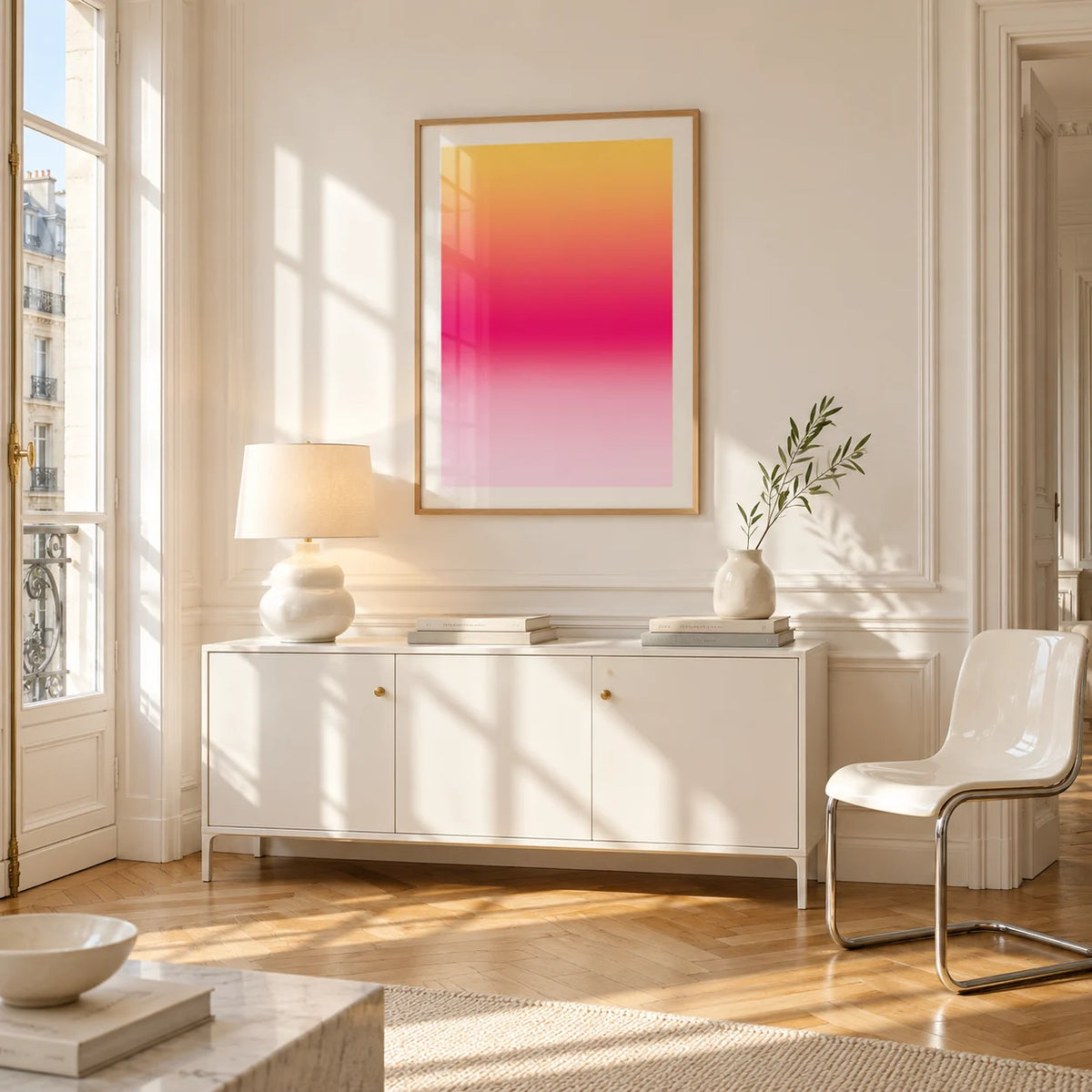Fuchsia Wall Art, framed on the wall of a bright Paris style apartment in a living room